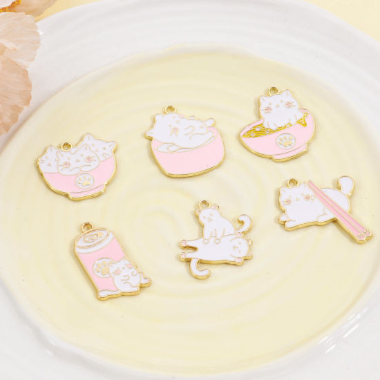 Image de Pendentifs en Alliage de Zinc Chat Or Clair Blanc & Rose Clair Émail 5 Pcs
