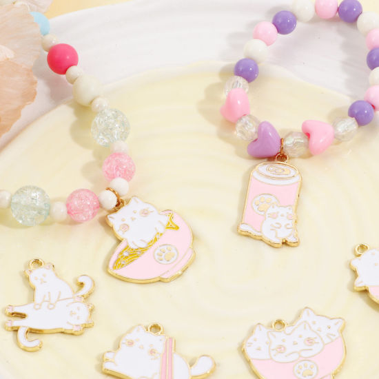 Image de Pendentifs en Alliage de Zinc Chat Or Clair Blanc & Rose Clair Émail 5 Pcs