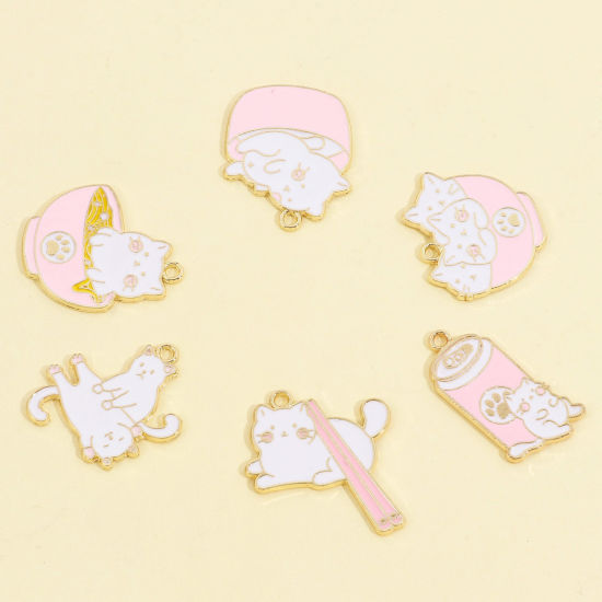 Image de Pendentifs en Alliage de Zinc Chat Or Clair Blanc & Rose Clair Émail 5 Pcs