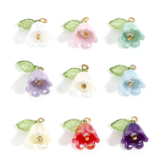 Bild von Zinklegierung + Harz Charms Vergoldet Bunt Blume Blätter Maiglöckchen 3D 14.5mm x 14mm, 10 Stück