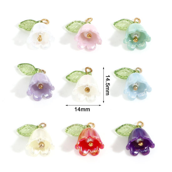 Bild von Zinklegierung + Harz Charms Vergoldet Bunt Blume Blätter Maiglöckchen 3D 14.5mm x 14mm, 10 Stück