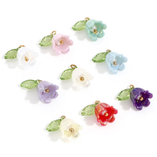 Bild von Zinklegierung + Harz Charms Vergoldet Bunt Blume Blätter Maiglöckchen 3D 14.5mm x 14mm, 10 Stück