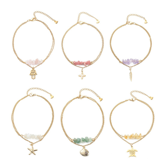 Изображение 304 Нержавеющая Сталь Цепочки Ролло Многослойный многослойный ножной браслет Позолоченный Разноцветный ажурная резьба Чип-бисер 1 ШТ