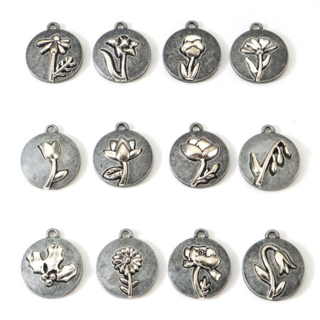 Bild von Zinklegierung Geburtsmonat Blume Charms Antik Zinn Antik Silber Mixefarbe Rund Blumen 20mm x 17.5mm, 10 Stück