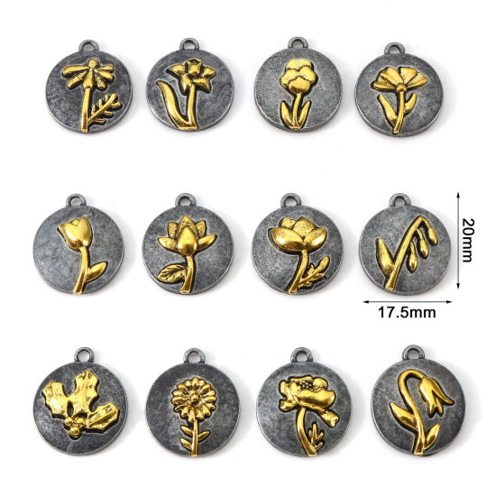 Imagen de Zamak Flor del Mes de Nacimiento Colgantes Charms Antiguo-estaño Oro antiguo Dos Colores Ronda Flor 20mm x 17.5mm, 10 Unidades