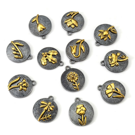 Imagen de Zamak Flor del Mes de Nacimiento Colgantes Charms Antiguo-estaño Oro antiguo Dos Colores Ronda Flor 20mm x 17.5mm, 10 Unidades
