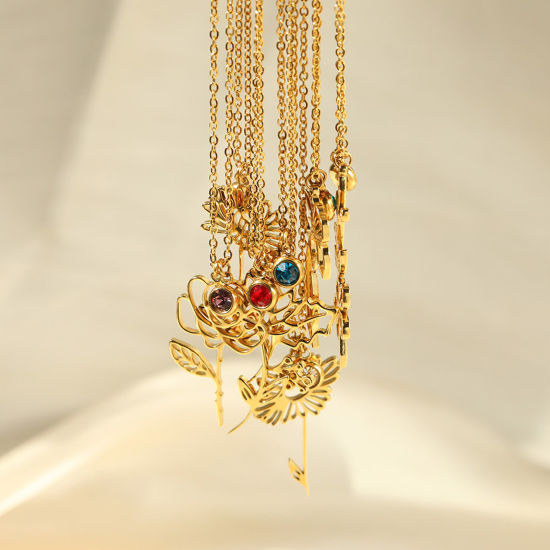 Image de Colliers Chaîne Maille Jaseron en 304 Acier Inoxydable Fleur de Mois de Naissance Plaqué Or 18K Creux 38cm Long, 1 Pièce