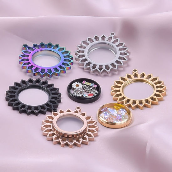 Immagine di Ecologico 304 Acciaio Inossidabile & Vetro Flottante Locket Medaglione Ciondoli Luna Multicolore Girasole 1 Pz