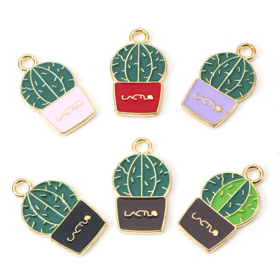 Picture of Zinc Based Alloy Charms Gold Plated Multicolor Cactus Enamel 22mm x 13mm