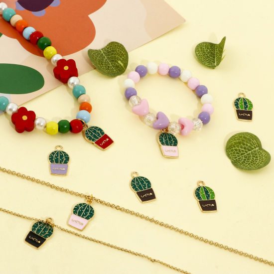 Picture of Zinc Based Alloy Charms Gold Plated Multicolor Cactus Enamel 22mm x 13mm