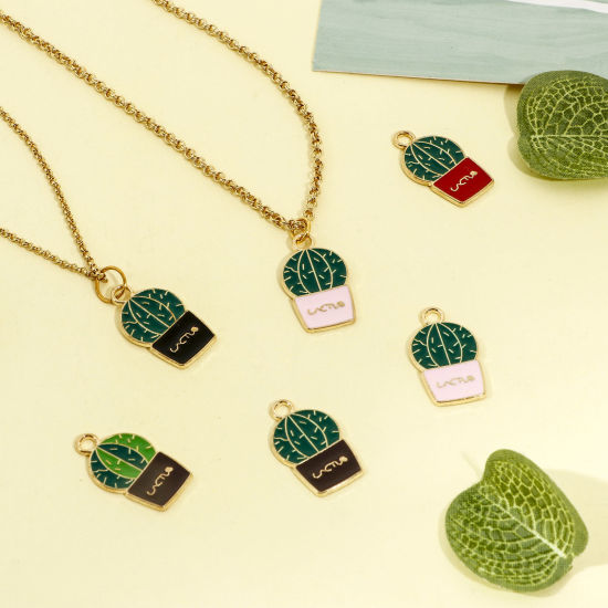 Picture of Zinc Based Alloy Charms Gold Plated Multicolor Cactus Enamel 22mm x 13mm