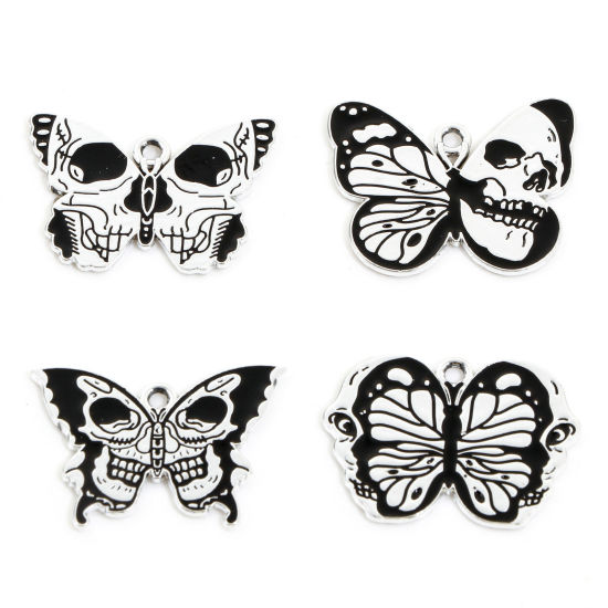 Immagine di Lega di Zinco Halloween Charms Tono Argento Nero Farfalla Smalto 10 Pz