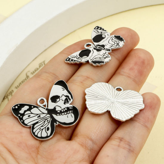 Immagine di Lega di Zinco Halloween Charms Tono Argento Nero Farfalla Smalto 10 Pz