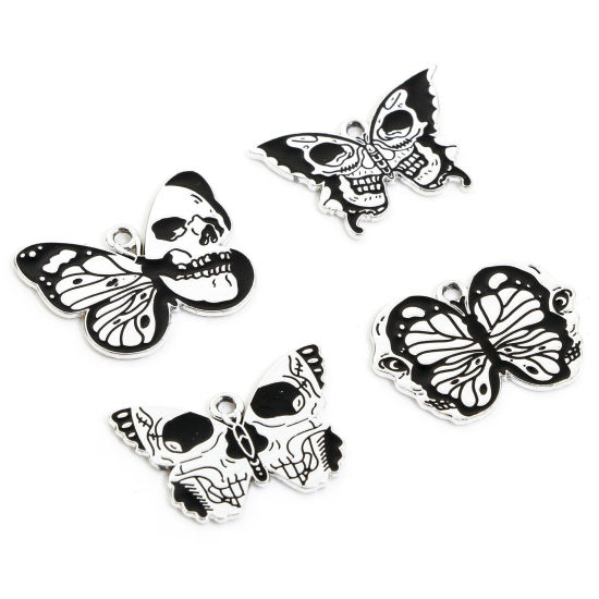 Immagine di Lega di Zinco Halloween Charms Tono Argento Nero Farfalla Smalto 10 Pz