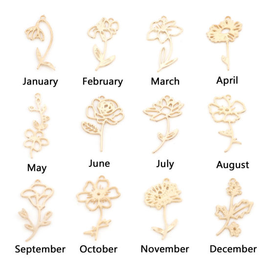 Picture of Iron Based Alloy Birth Month Flower Charms Gold Plated Rose Flower Hawthorn Flower Hollow