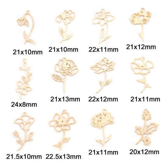 Picture of Iron Based Alloy Birth Month Flower Charms Gold Plated Rose Flower Hawthorn Flower Hollow