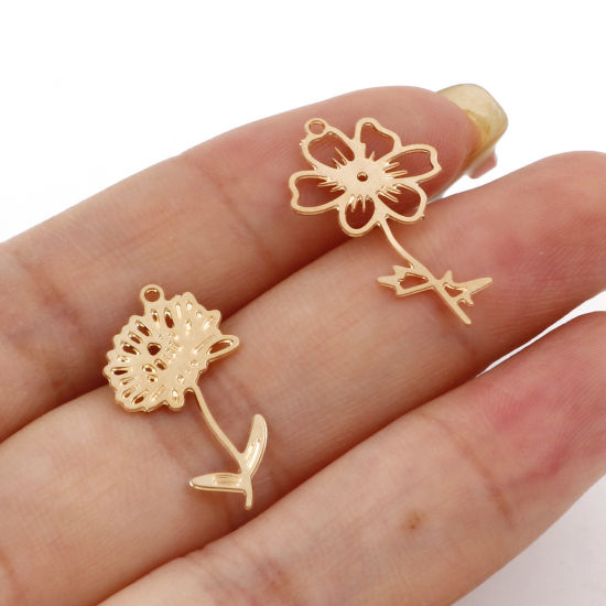 Picture of Iron Based Alloy Birth Month Flower Charms Gold Plated Rose Flower Hawthorn Flower Hollow