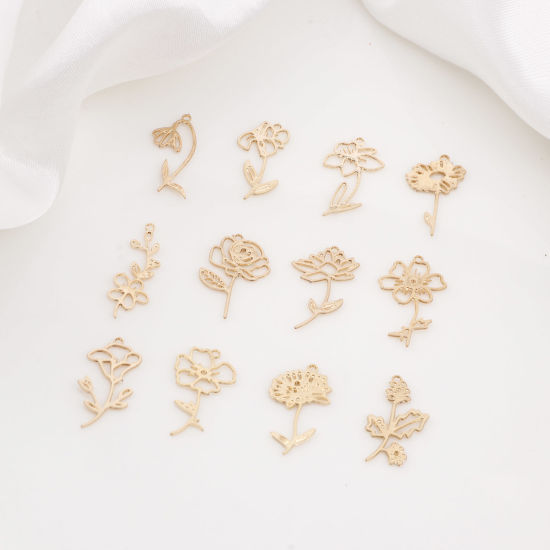 Picture of Iron Based Alloy Birth Month Flower Charms Gold Plated Rose Flower Hawthorn Flower Hollow