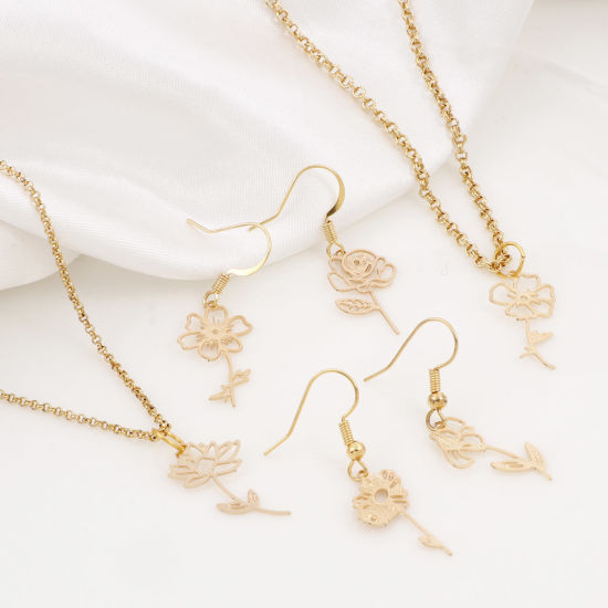 Picture of Iron Based Alloy Birth Month Flower Charms Gold Plated Rose Flower Hawthorn Flower Hollow