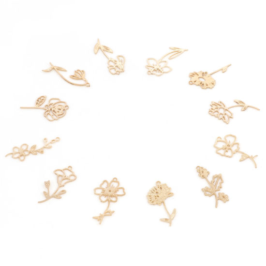 Picture of Iron Based Alloy Birth Month Flower Charms Gold Plated Rose Flower Hawthorn Flower Hollow