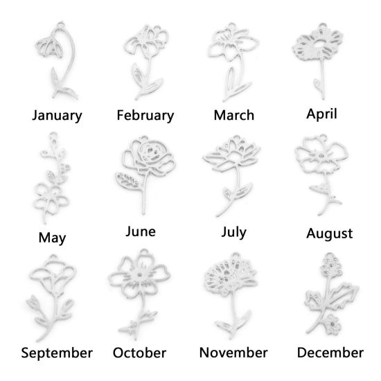 Imagen de Hierro Flor del Mes de Nacimiento Colgantes Charms Tono de Plata Rosa Flor de Espino Hueco 20 Unidades