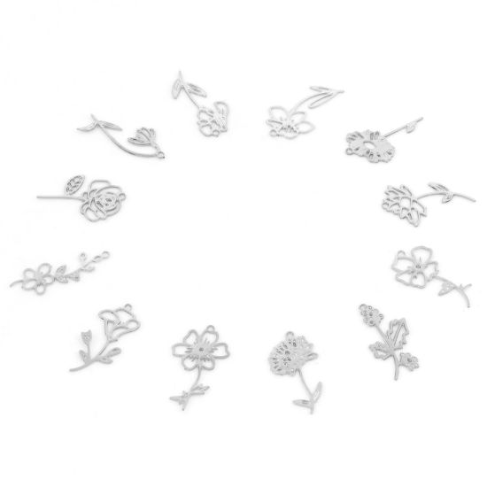 Imagen de Hierro Flor del Mes de Nacimiento Colgantes Charms Tono de Plata Rosa Flor de Espino Hueco 20 Unidades