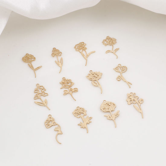 Immagine di Lega di Ferro Fiore del Mese di Nascita Charms Oro Placcato Camelia Fiore di Gloria di Mattina Filigrana 20 Pz
