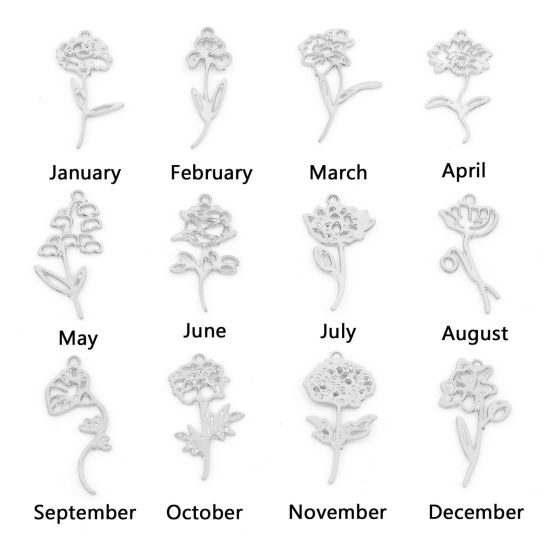 Picture of Iron Based Alloy Birth Month Flower Charms Silver Tone Chrysanthemum Flower Morning Glory Flower Hollow