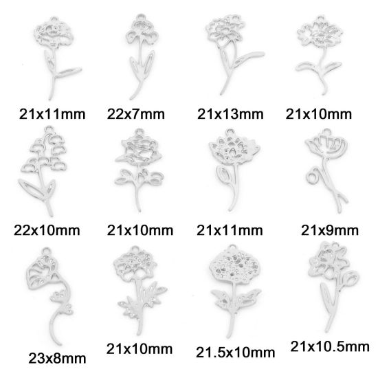 Picture of Iron Based Alloy Birth Month Flower Charms Silver Tone Chrysanthemum Flower Morning Glory Flower Hollow