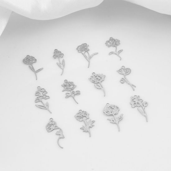 Picture of Iron Based Alloy Birth Month Flower Charms Silver Tone Chrysanthemum Flower Morning Glory Flower Hollow