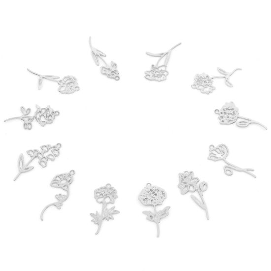 Picture of Iron Based Alloy Birth Month Flower Charms Silver Tone Chrysanthemum Flower Morning Glory Flower Hollow