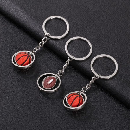 Sport Keychain & Keyring Silver Tone Basketball Football Rotatable