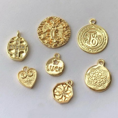 Brass Religious Charms 14K Real Gold Plated Round Carved Pattern