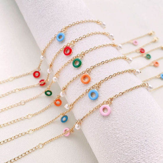 Imagen de 304 Acero Inoxidable Cable Cadena Cruz Tobilleras 18k Chapado en Oro Esmalte Dónuts 22cm longitud, 1 Unidad