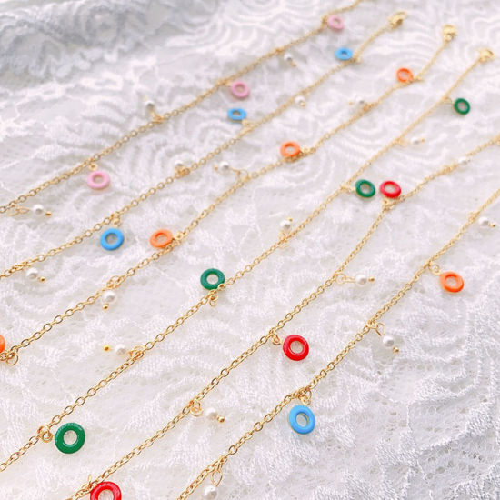 Imagen de 304 Acero Inoxidable Cable Cadena Cruz Tobilleras 18k Chapado en Oro Esmalte Dónuts 22cm longitud, 1 Unidad