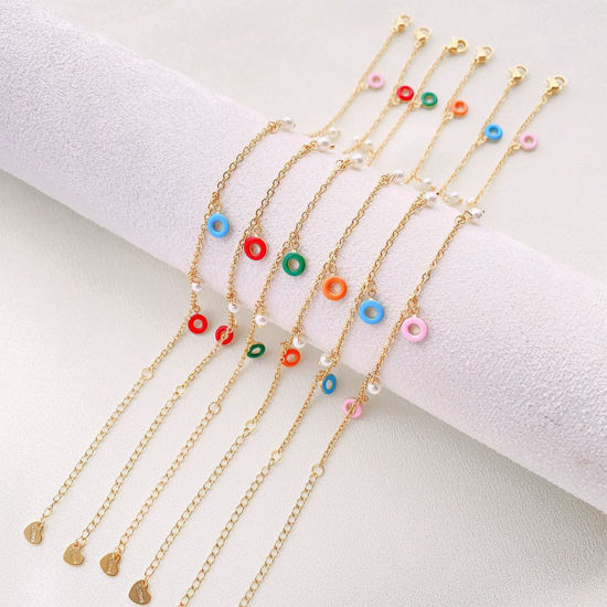 Imagen de 304 Acero Inoxidable Cable Cadena Cruz Tobilleras 18k Chapado en Oro Esmalte Dónuts 22cm longitud, 1 Unidad