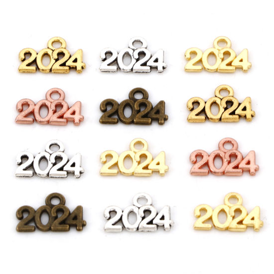 Picture of Zinc Based Alloy Year Charms Multicolor Message " 2024 " Hollow 14mm x 9mm