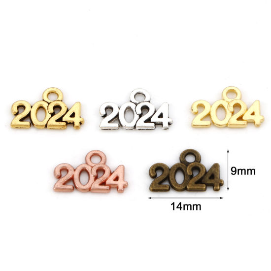 Picture of Zinc Based Alloy Year Charms Multicolor Message " 2024 " Hollow 14mm x 9mm