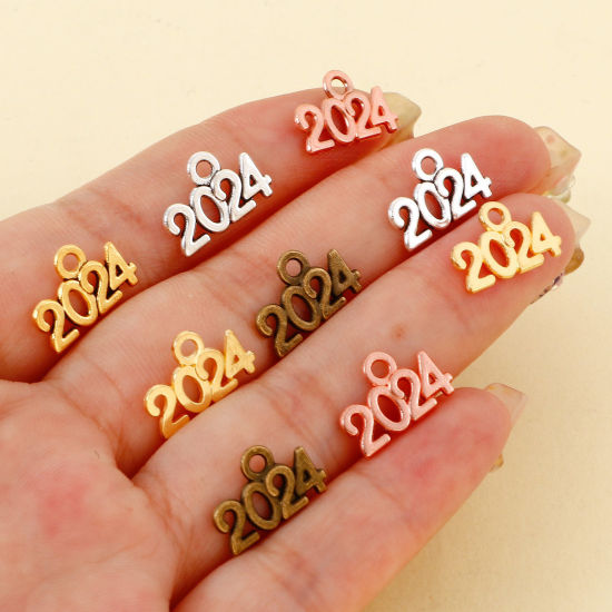 Picture of Zinc Based Alloy Year Charms Multicolor Message " 2024 " Hollow 14mm x 9mm