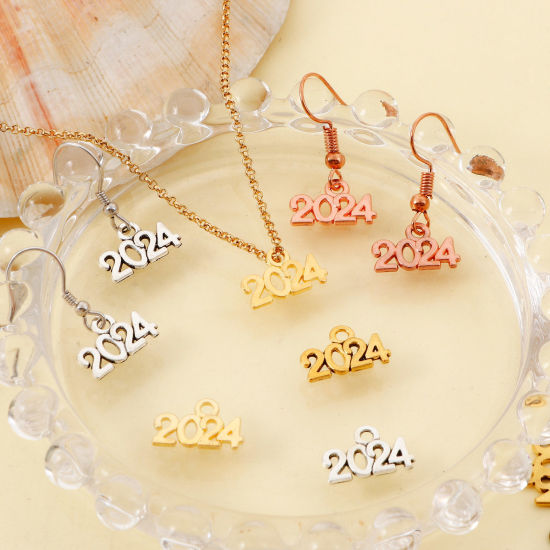 Picture of Zinc Based Alloy Year Charms Multicolor Message " 2024 " Hollow 14mm x 9mm