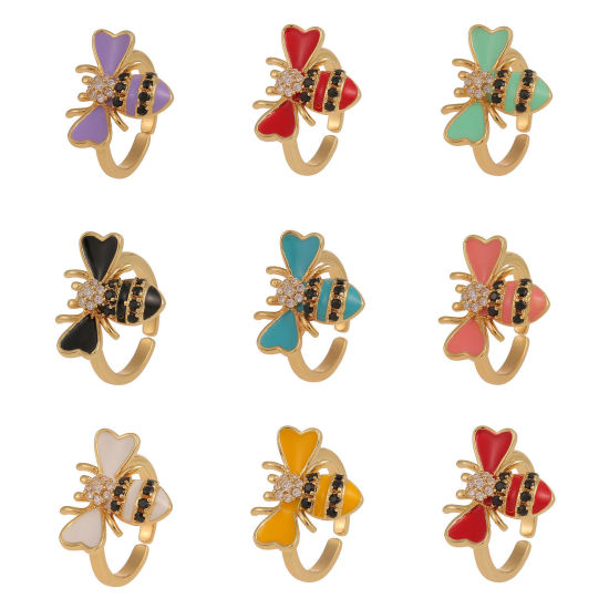 Picture of Eco-friendly Stylish Insect 18K Real Gold Plated Multicolor Copper & Cubic Zirconia Open Bee Animal Enamel Rings For Women Party