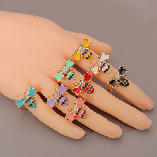 Picture of Eco-friendly Stylish Insect 18K Real Gold Plated Multicolor Copper & Cubic Zirconia Open Bee Animal Enamel Rings For Women Party