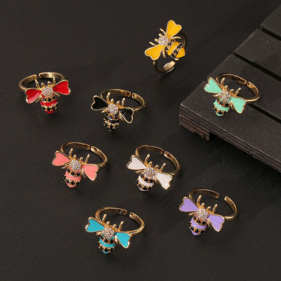 Изображение Экологичный Стильный Насекомое 18K настоящее золото с покрытием Разноцветный Медь+Искусственный Циркон Открытый Пчелы С Эмалью Кольца Для женщин Партия 1 ШТ