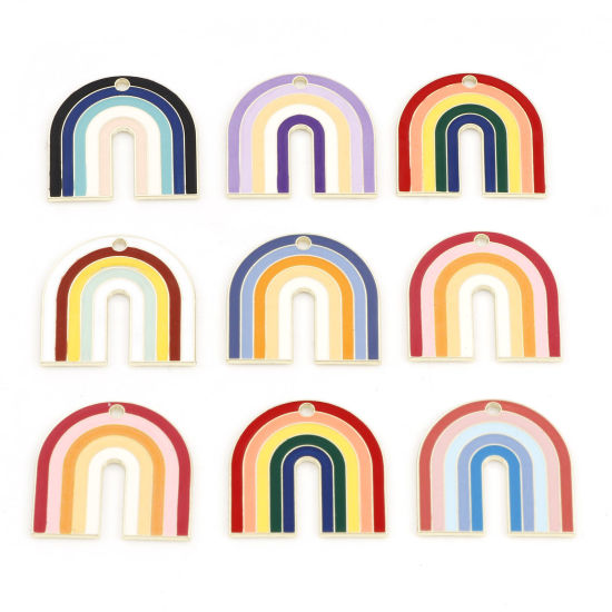 Bild von Zinklegierung Charms Hellgold Bunt Regenbogen Emaille 27mm x 26mm, 5 Stück