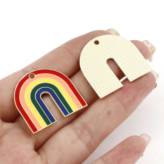 Bild von Zinklegierung Charms Hellgold Bunt Regenbogen Emaille 27mm x 26mm, 5 Stück