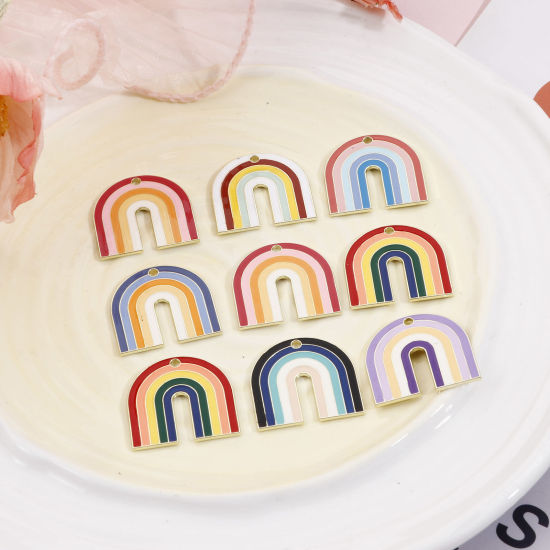 Bild von Zinklegierung Charms Hellgold Bunt Regenbogen Emaille 27mm x 26mm, 5 Stück