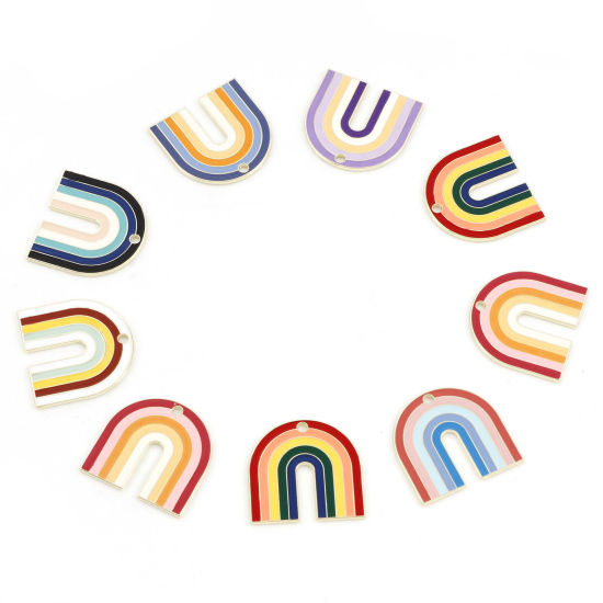 Bild von Zinklegierung Charms Hellgold Bunt Regenbogen Emaille 27mm x 26mm, 5 Stück