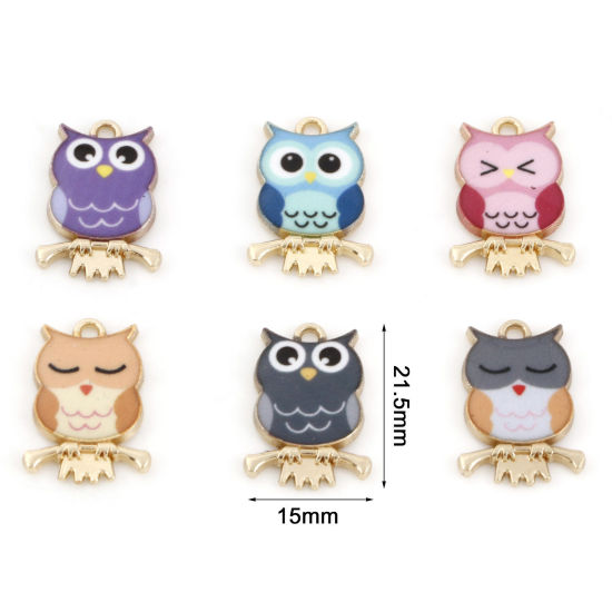 Picture of Zinc Based Alloy Halloween Charms Gold Plated Multicolor Owl Animal Enamel 21.5mm x 15mm