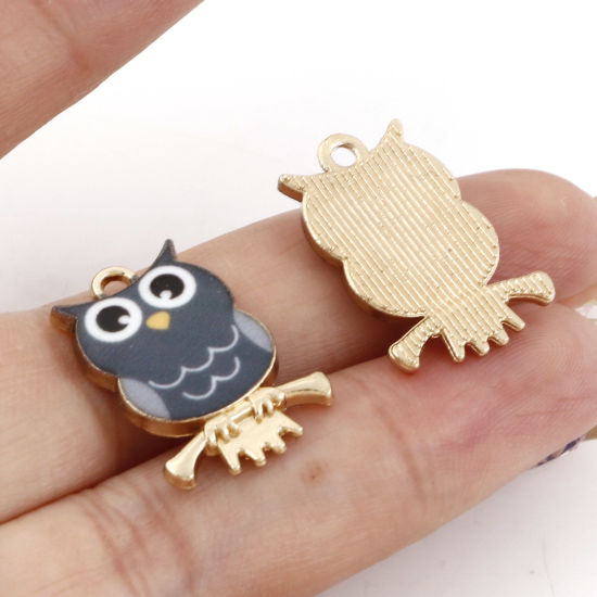 Picture of Zinc Based Alloy Halloween Charms Gold Plated Multicolor Owl Animal Enamel 21.5mm x 15mm