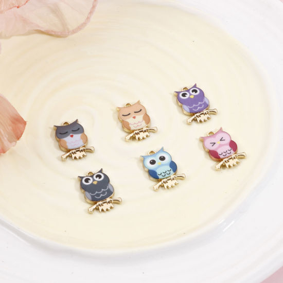 Picture of Zinc Based Alloy Halloween Charms Gold Plated Multicolor Owl Animal Enamel 21.5mm x 15mm